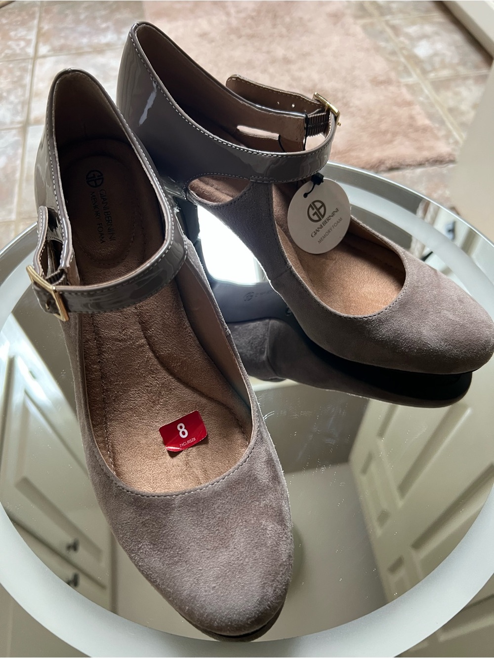 Giani Bernini Taupe Suede Mary Jane Flats with Patent Strap